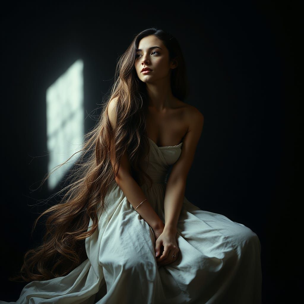 Woman in White Dress, Light Beam, Mucha Style