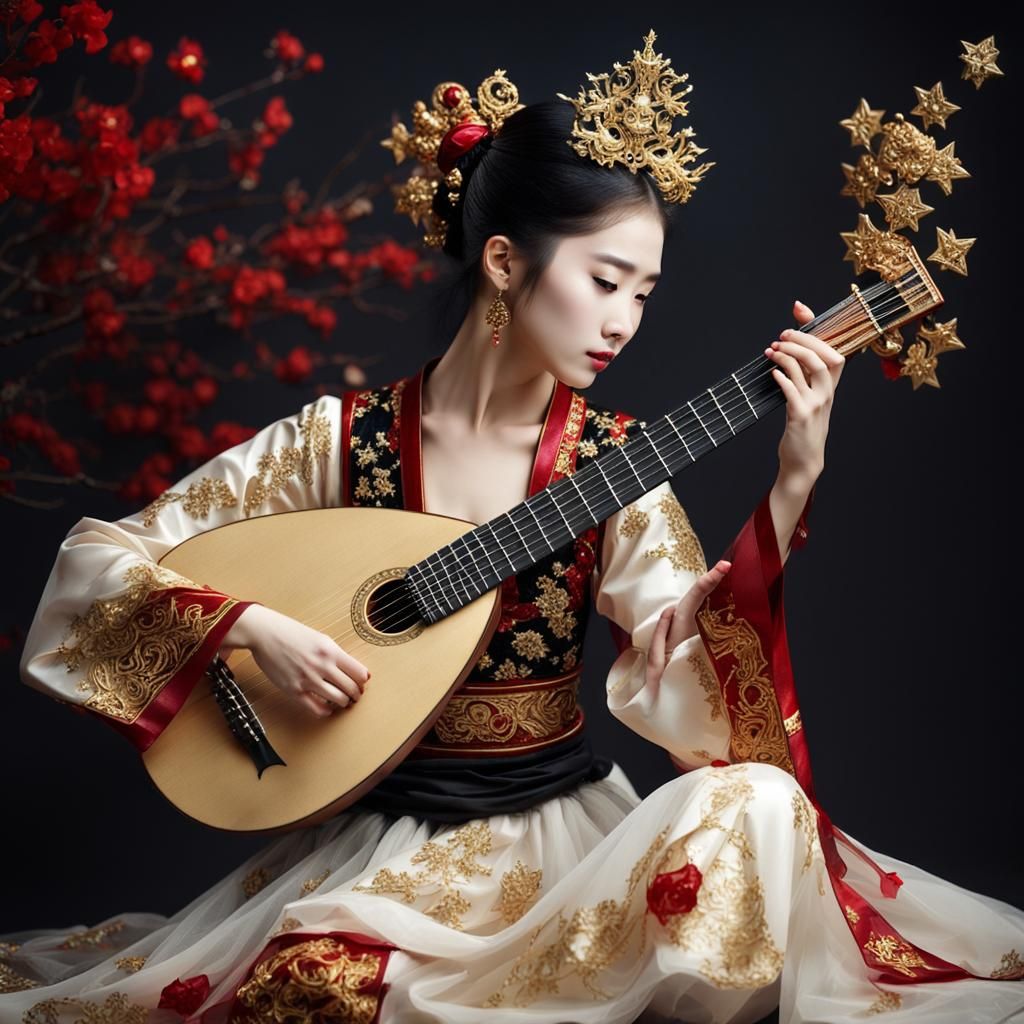 Girl with Lute in Stars Art Group Style