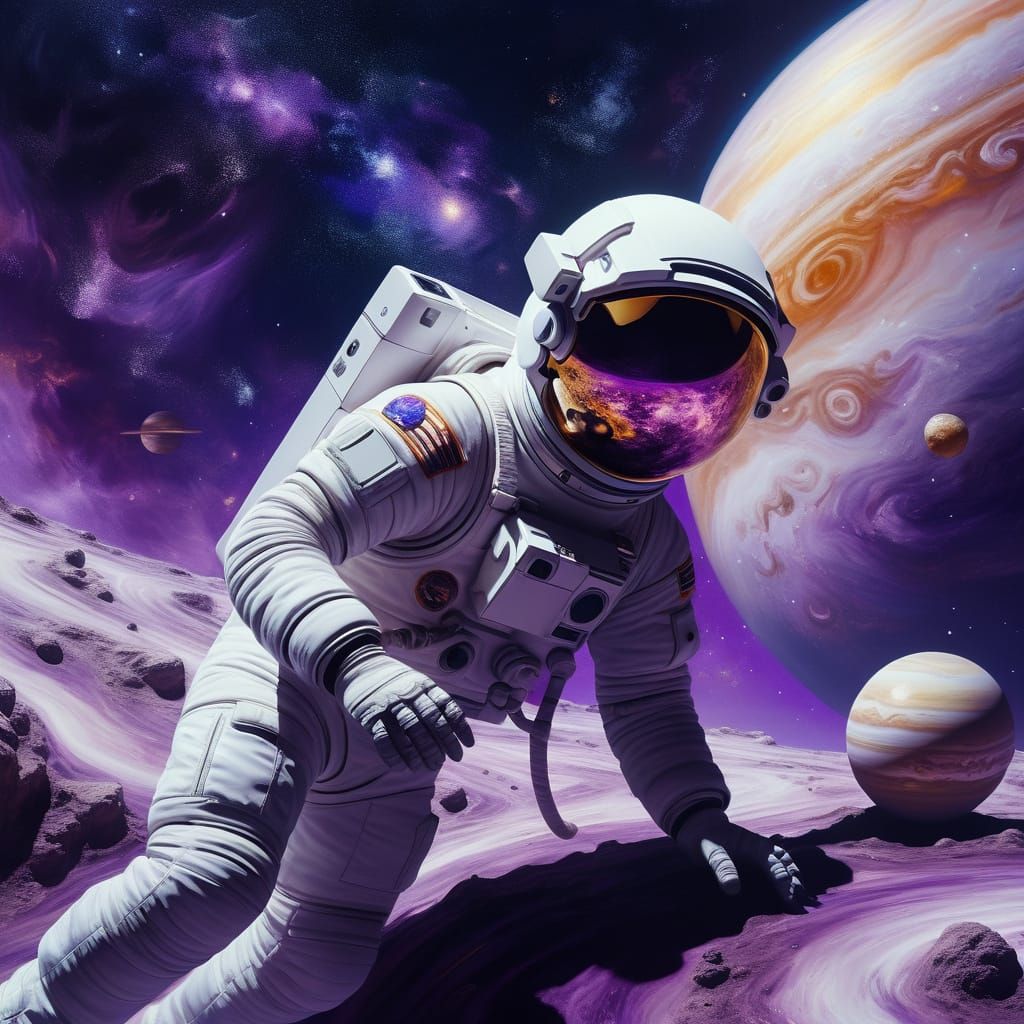Astronaut Plays on Jupiter in Vibrant Oil Painting