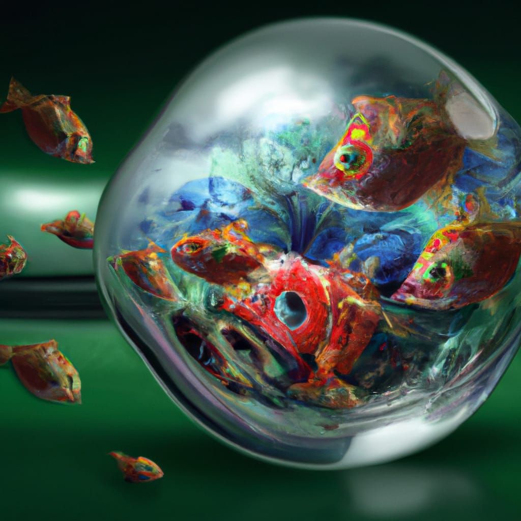Transparent bowling ball with swimming fish inside delicate hyperdetailed intricately detailed meticulously detailed
det...