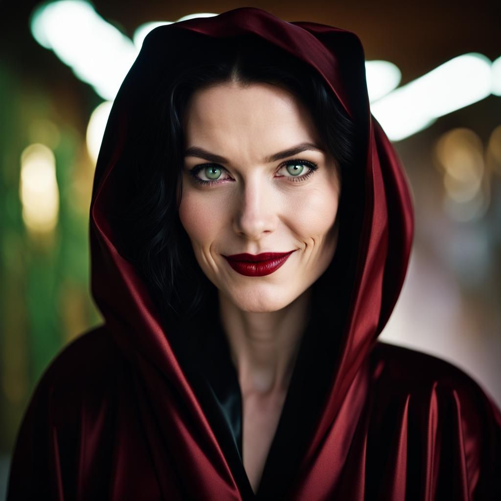 Pale Woman in Dark Robes with Green Eyes