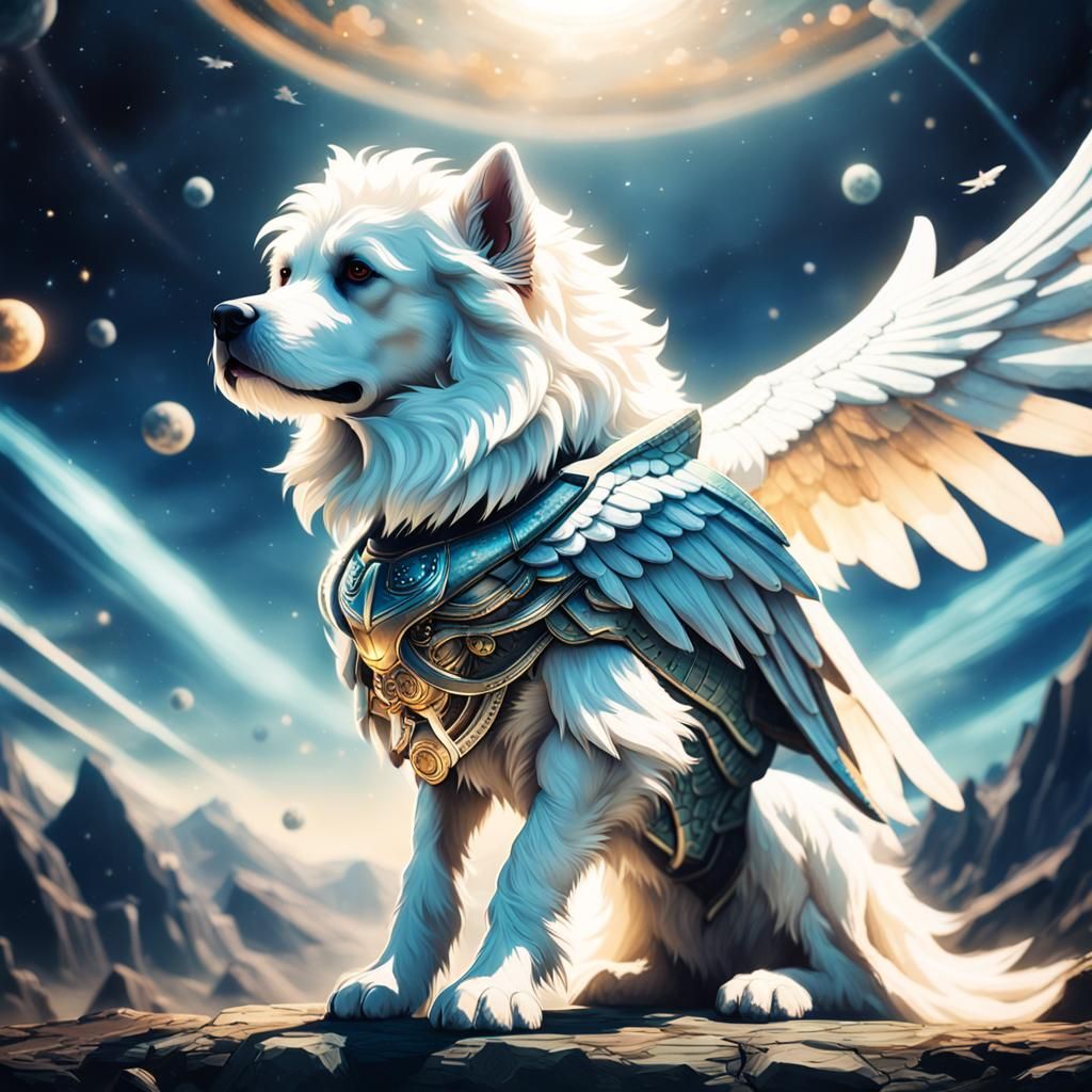 Celestial White Winged Dog: Cinematic Film Still