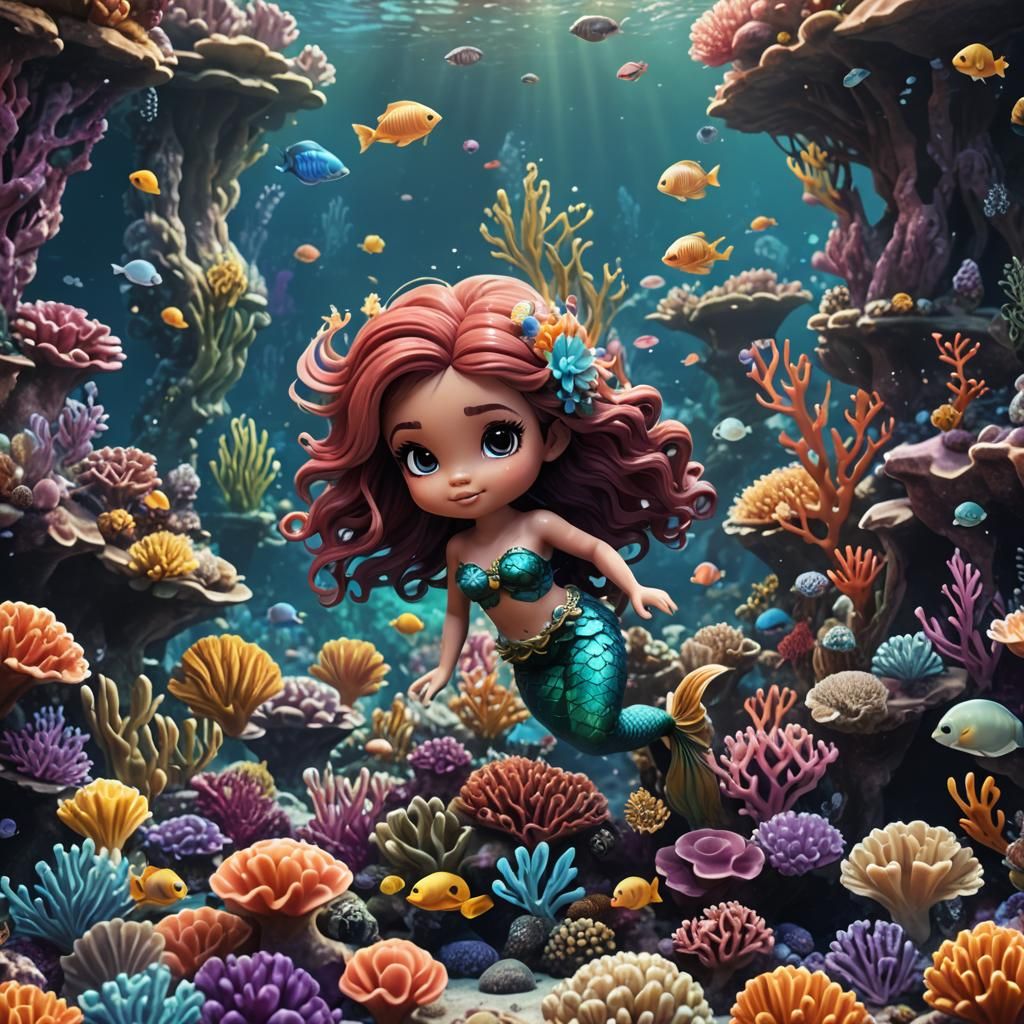 Chibi Mermaid in a Fantastical Coral Reef