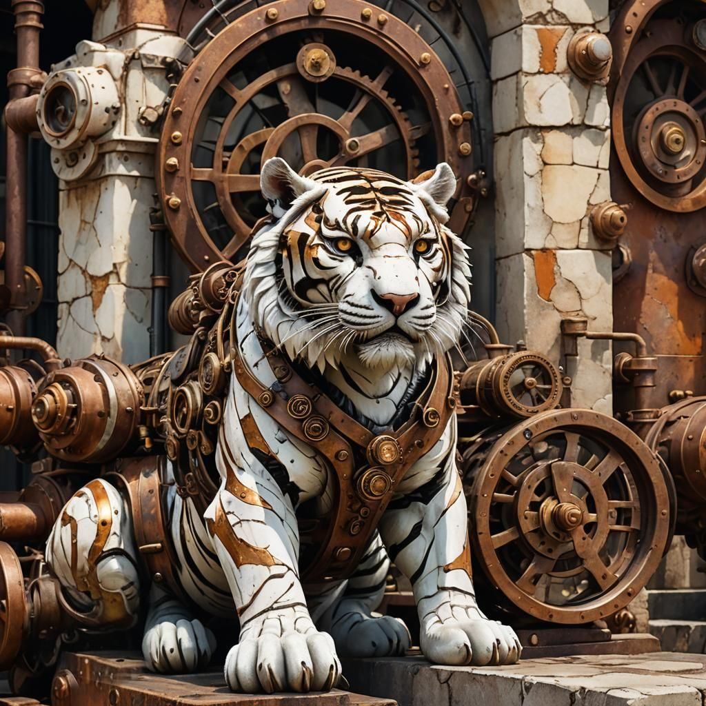 Steampunk Stone Tiger with Multi-Colored Paint