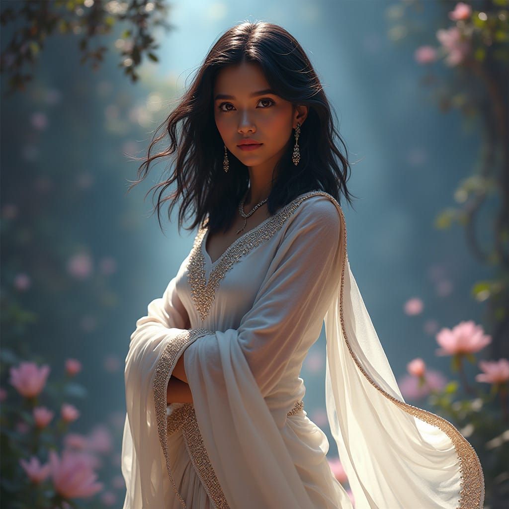 Ethereal Beauty in Majestic White Saree with Rhinestone Bord...