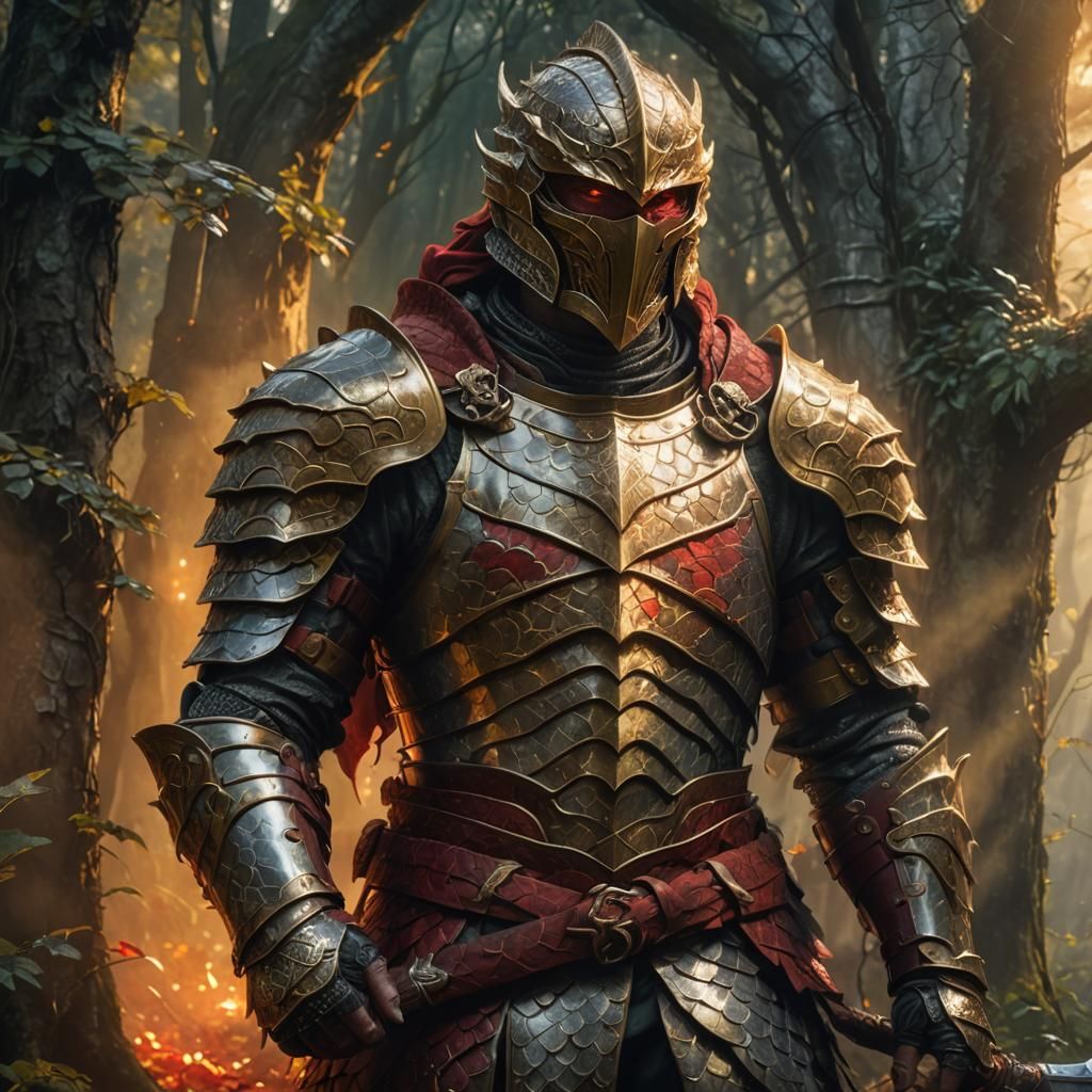 Warrior in Dragon Scale Mail in Misty Forest