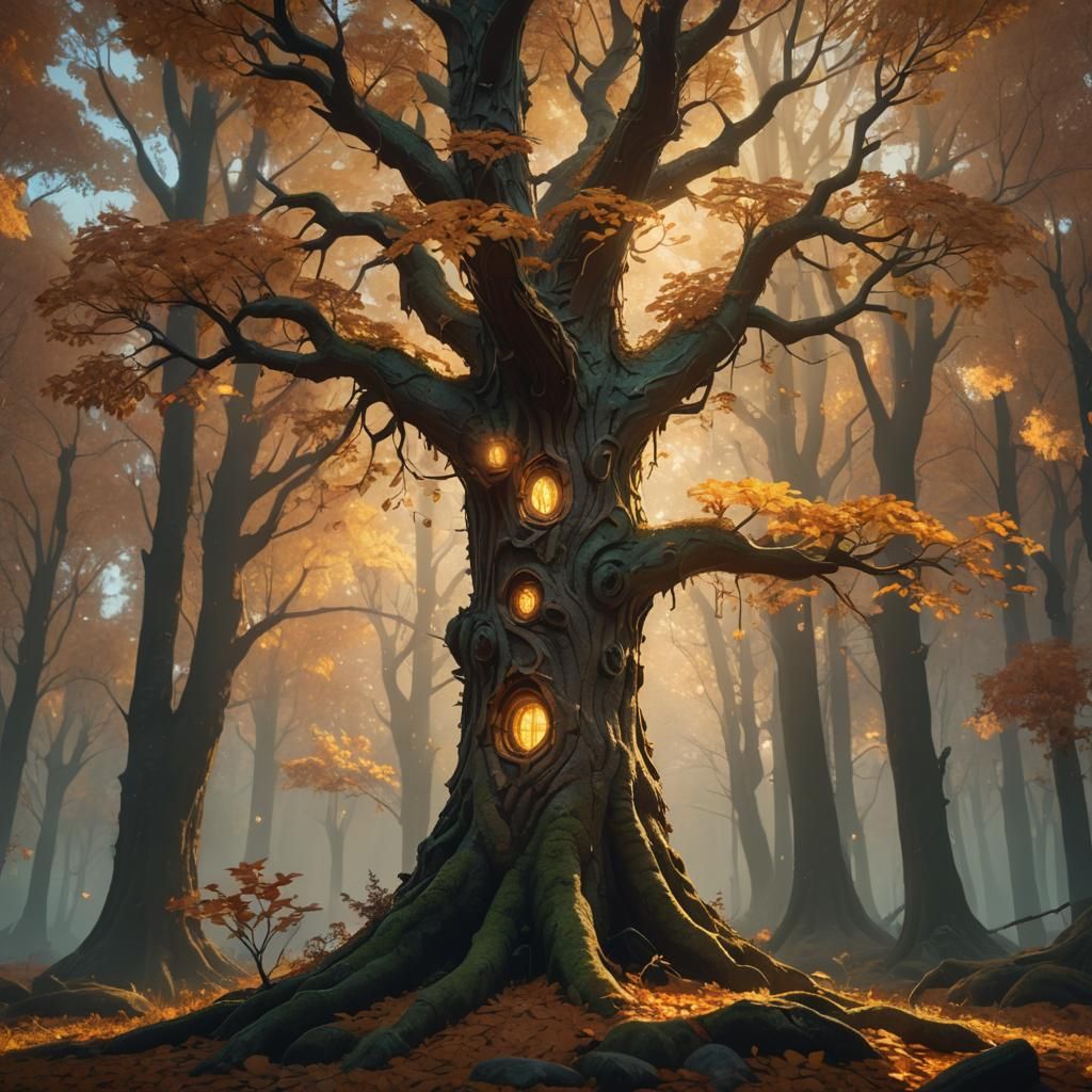 Whimsical Glowing Tree in Mystical Autumn Forest
