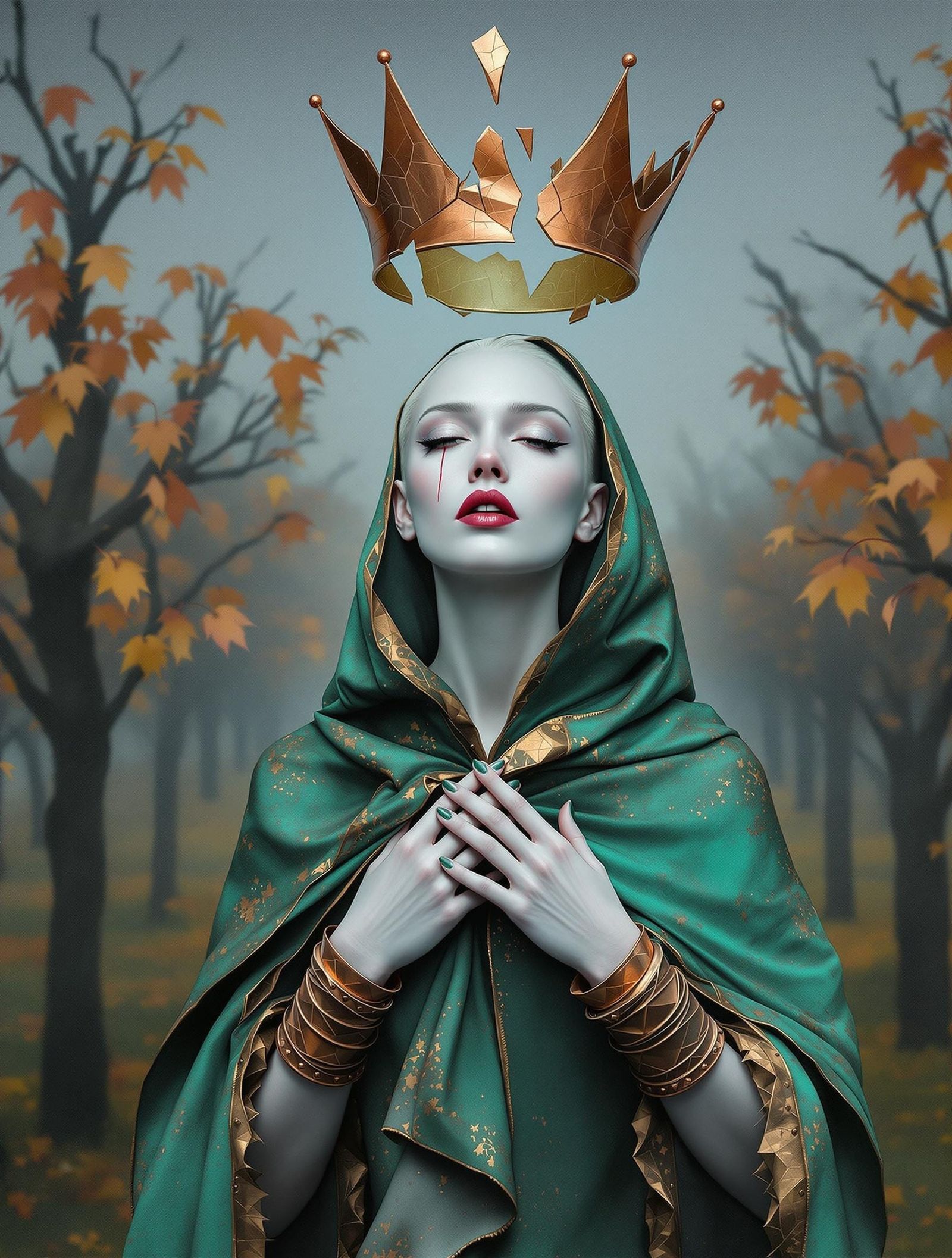 Regal Woman in Orchard with Shattered Crown