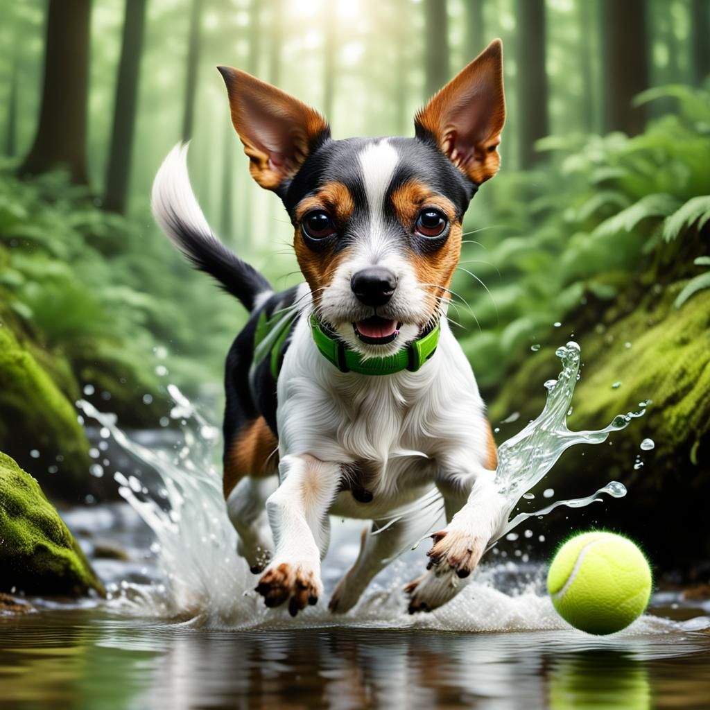 Toy Fox Terrier Dog Chasing Ball in Stream