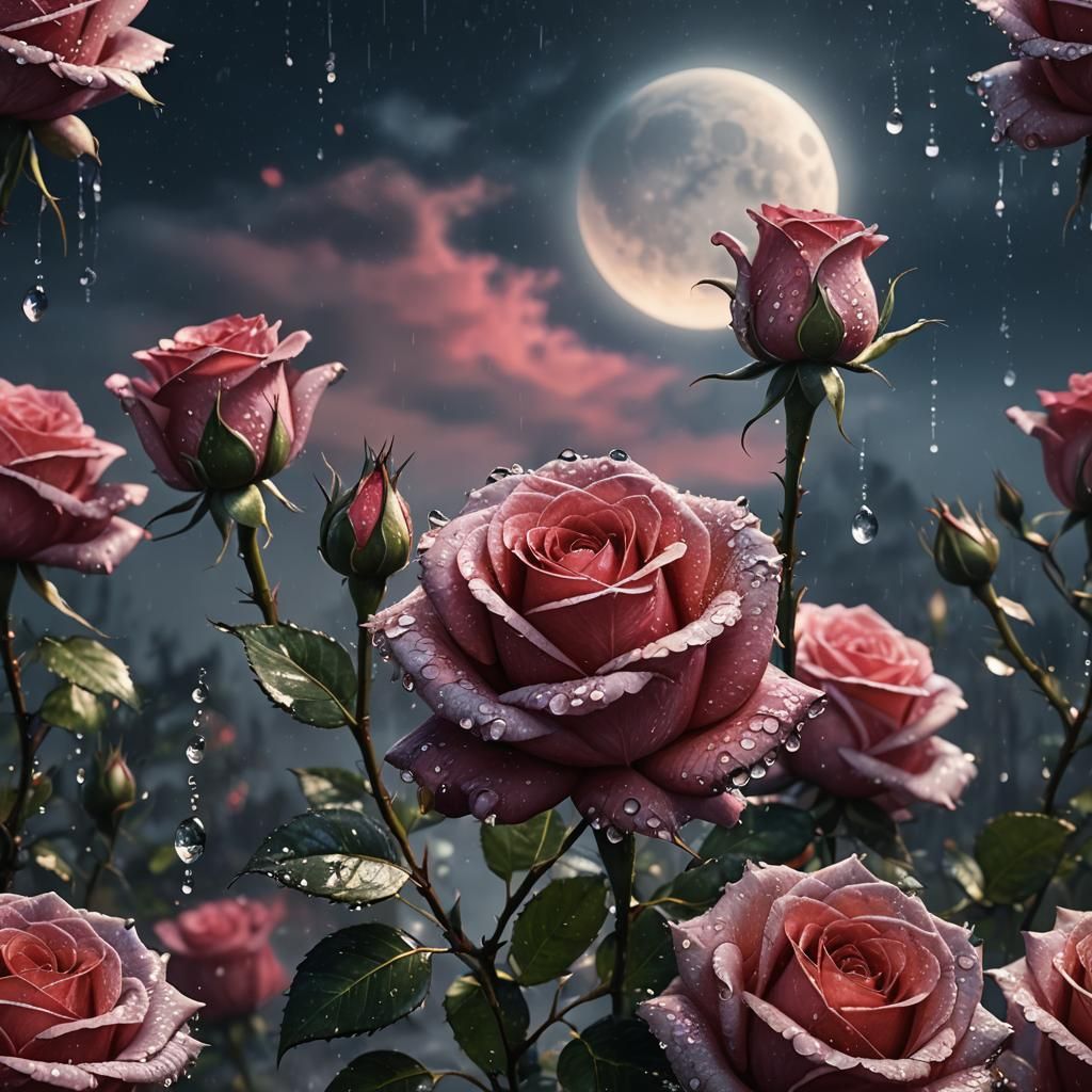 Moonlit Rose with Water Droplets, Detailed Matte Painting
