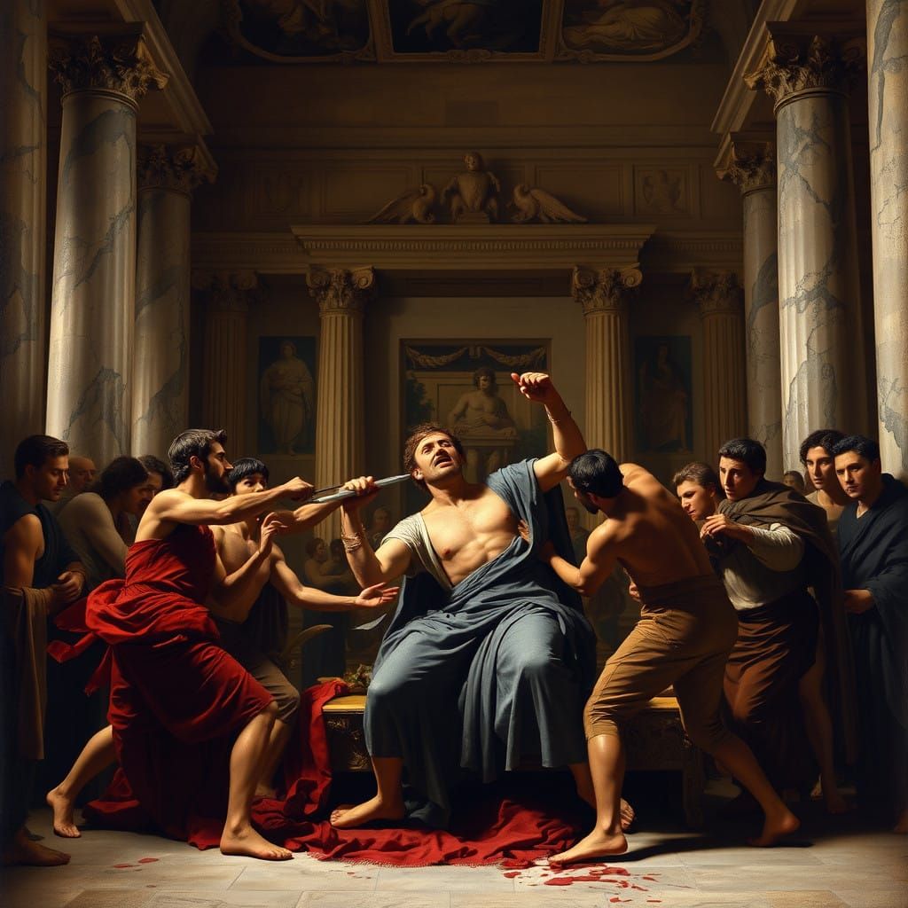 Dramatic Stabbing Scene in Ancient Roman Senate