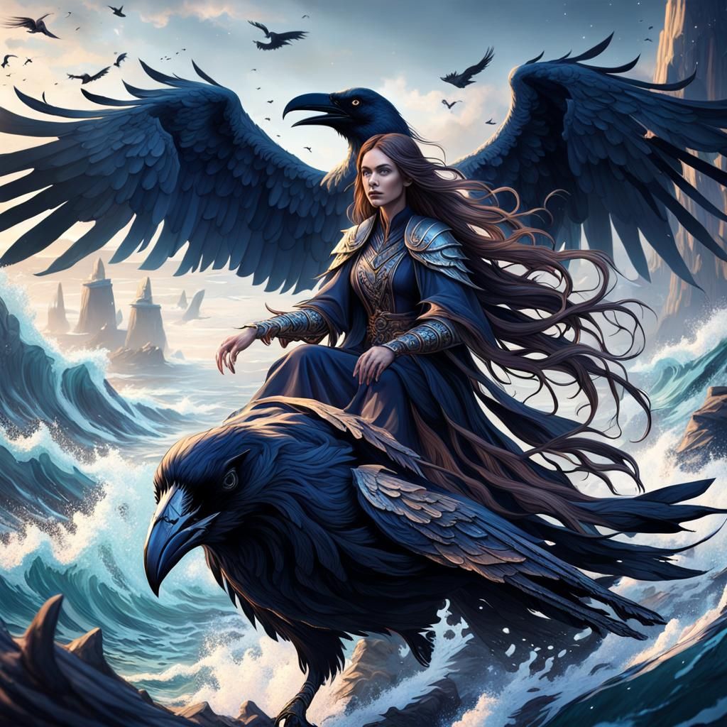 Woman Riding Raven Over Ocean in Detailed Painting