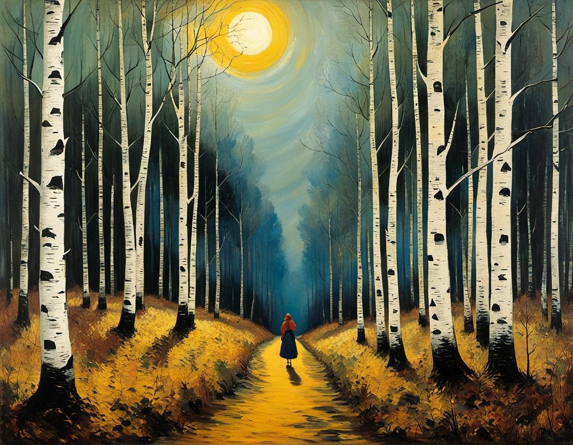 Girl in Birch Forest Inspired by Early 20th Century Masters