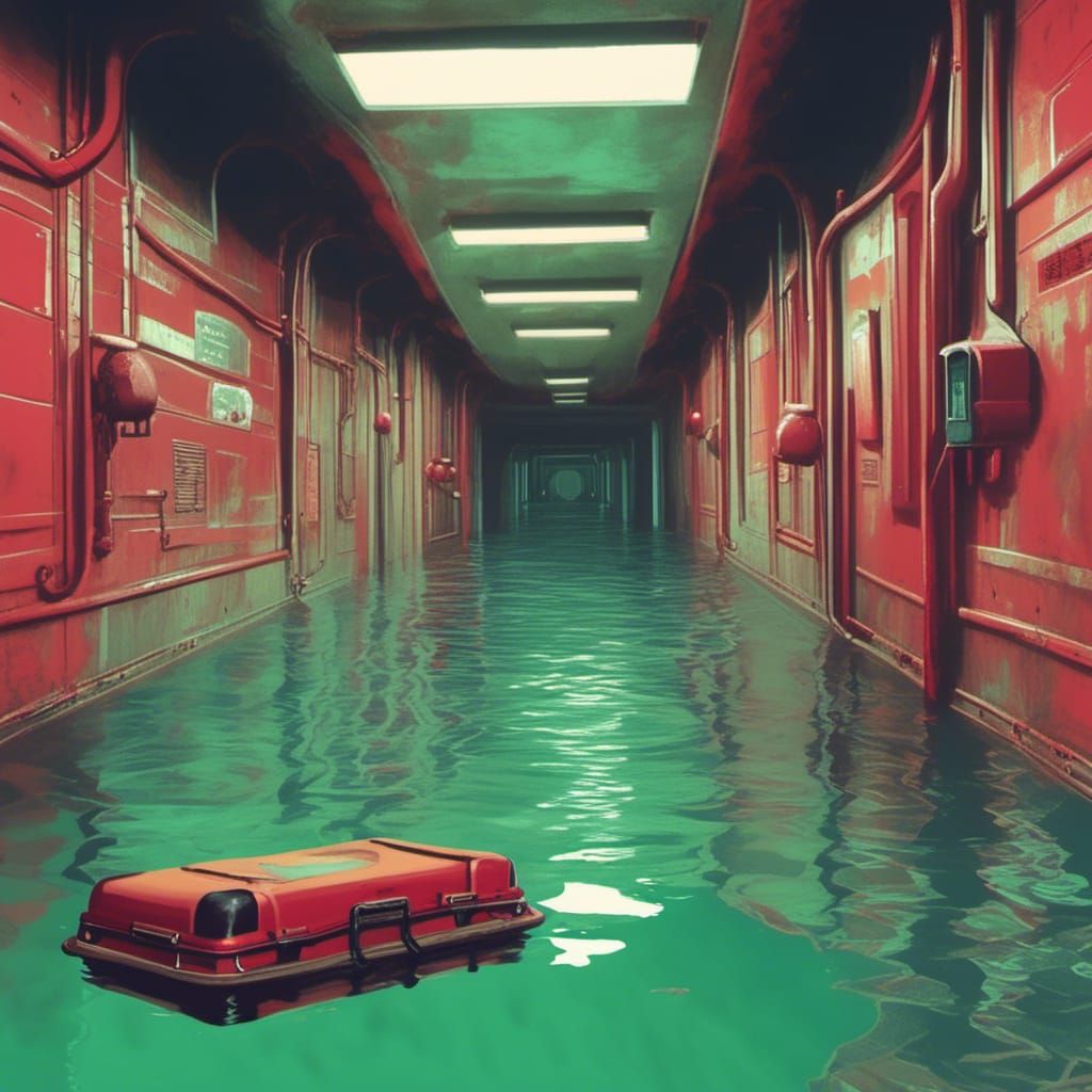 Submechanophobia: Red Suitcase in Underwater Hallway