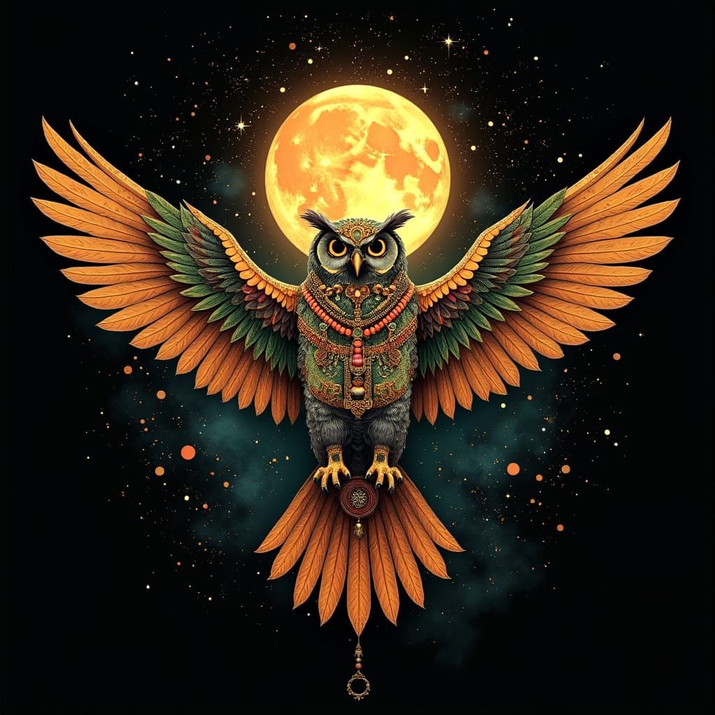 An owl with outstretched wings, adorned in ancient Egyptian ...