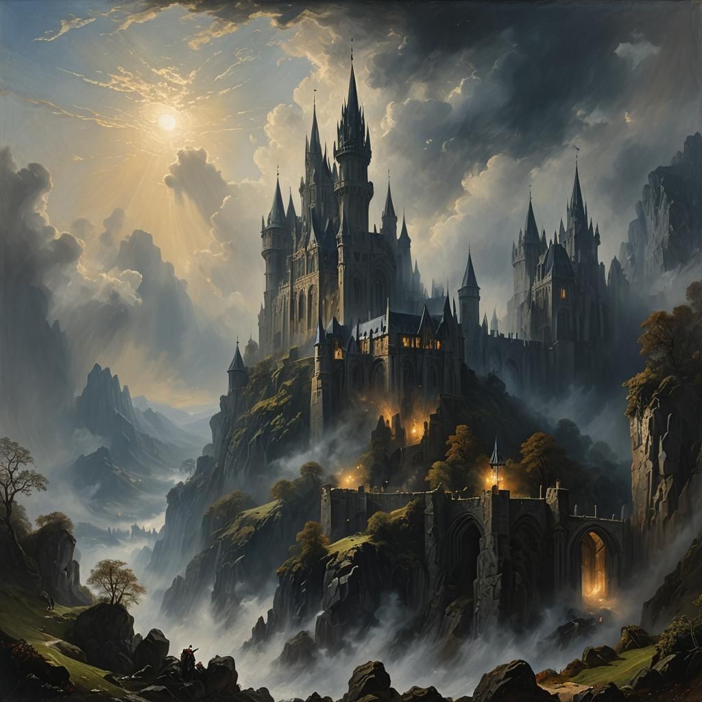 Gothic Castle Emerging from Mist: Oil Painting