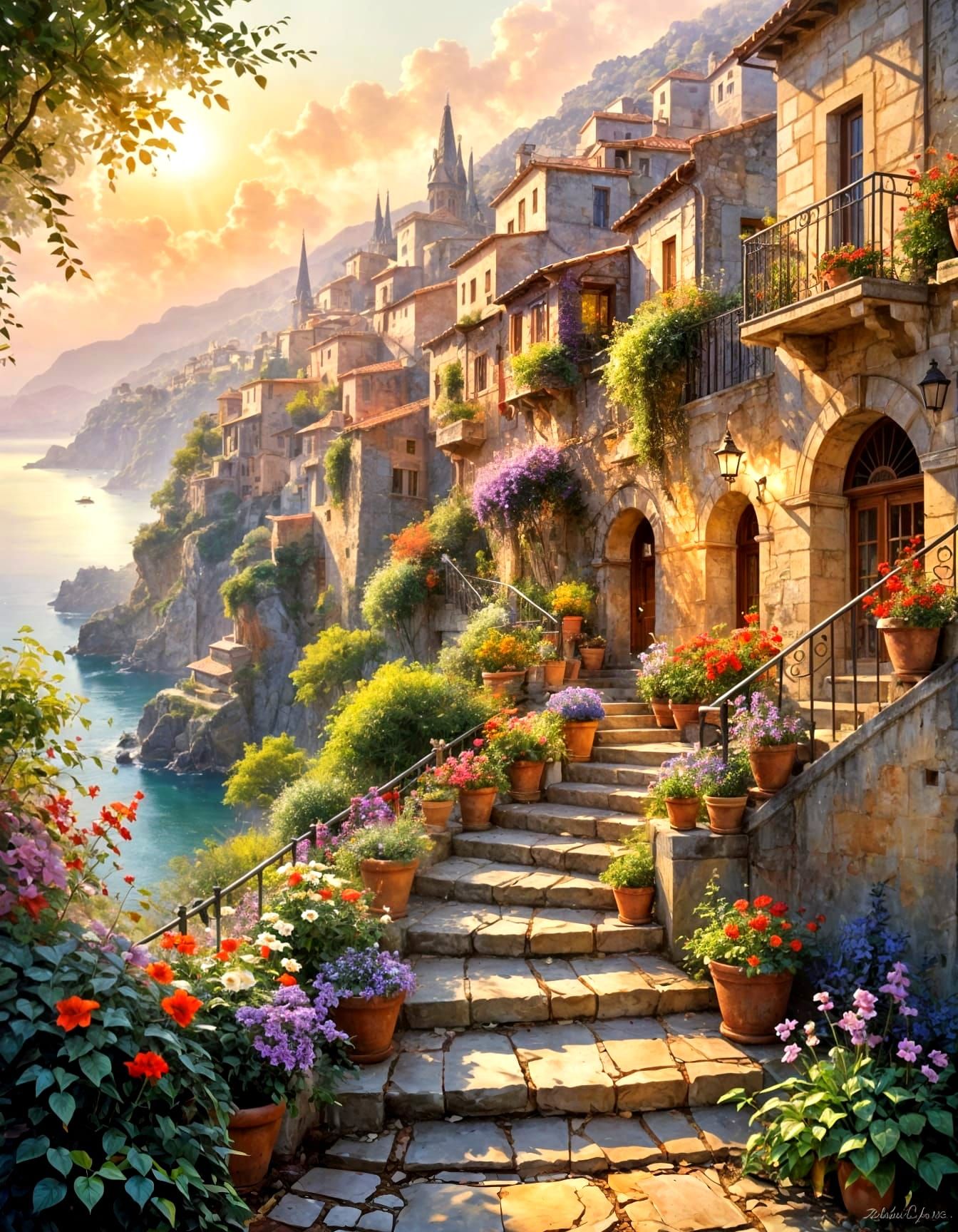 Dreamy Terraced Cityscape with Blooming Gardens