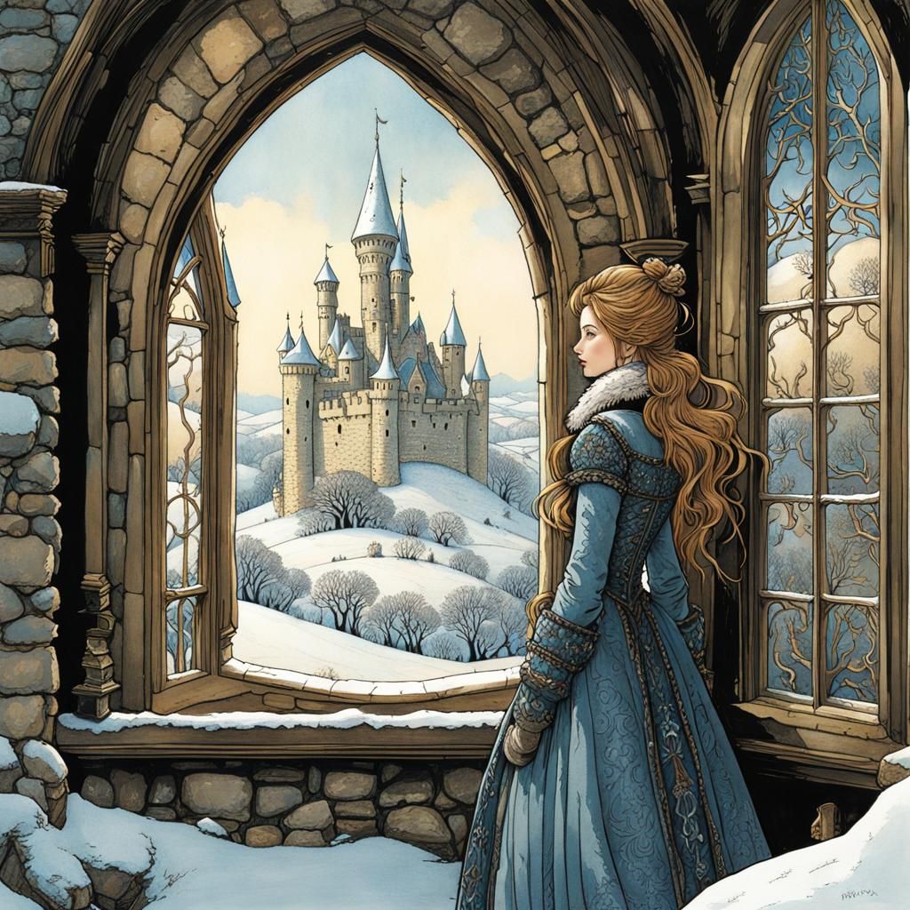 Lady in Castle Window, Intricate Illustration