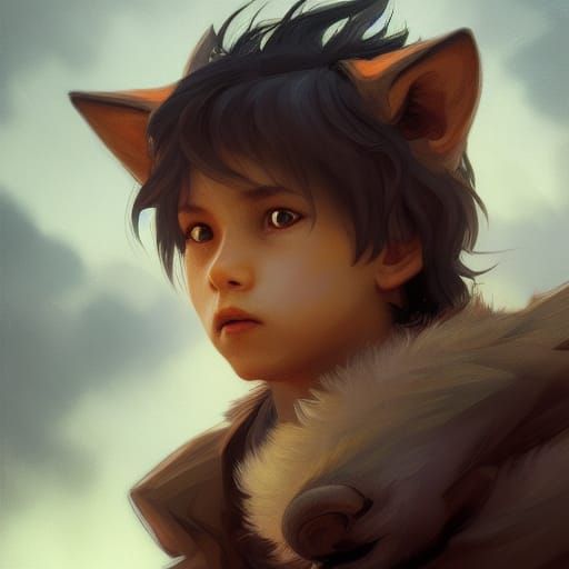 Hyperdetailed Wolf Boy Portrait in Art Nouveau Style