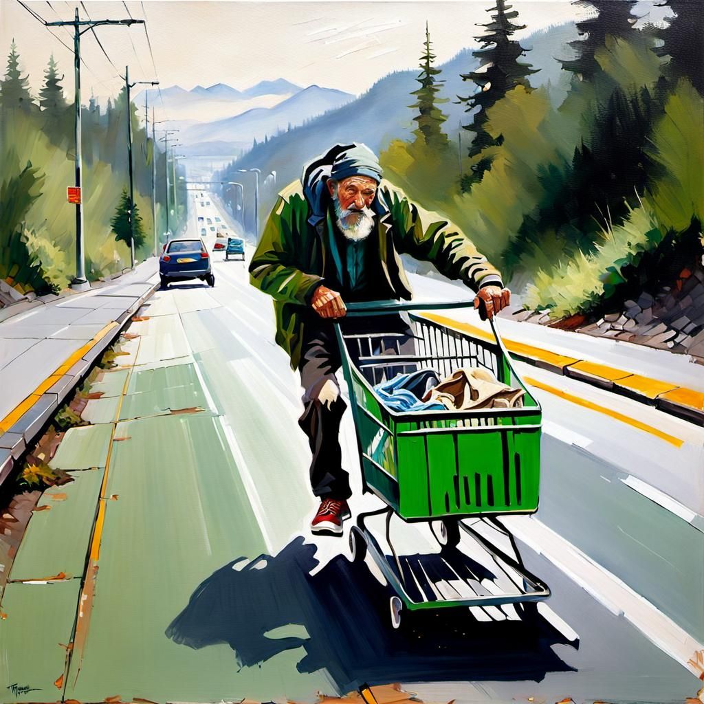 Homeless Man's Suburban Ride: An Oil Painting