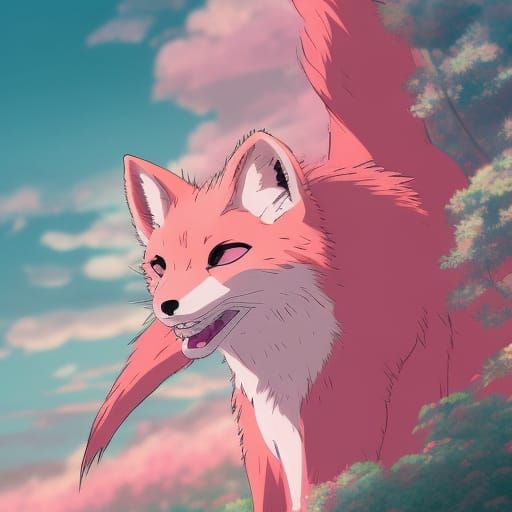 Pink Fox in Studio Ghibli Anime Style