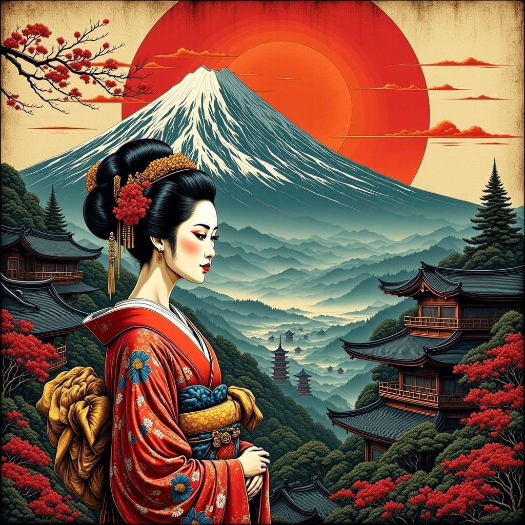 Geisha Portrait with Mount Fuji in Asian Style