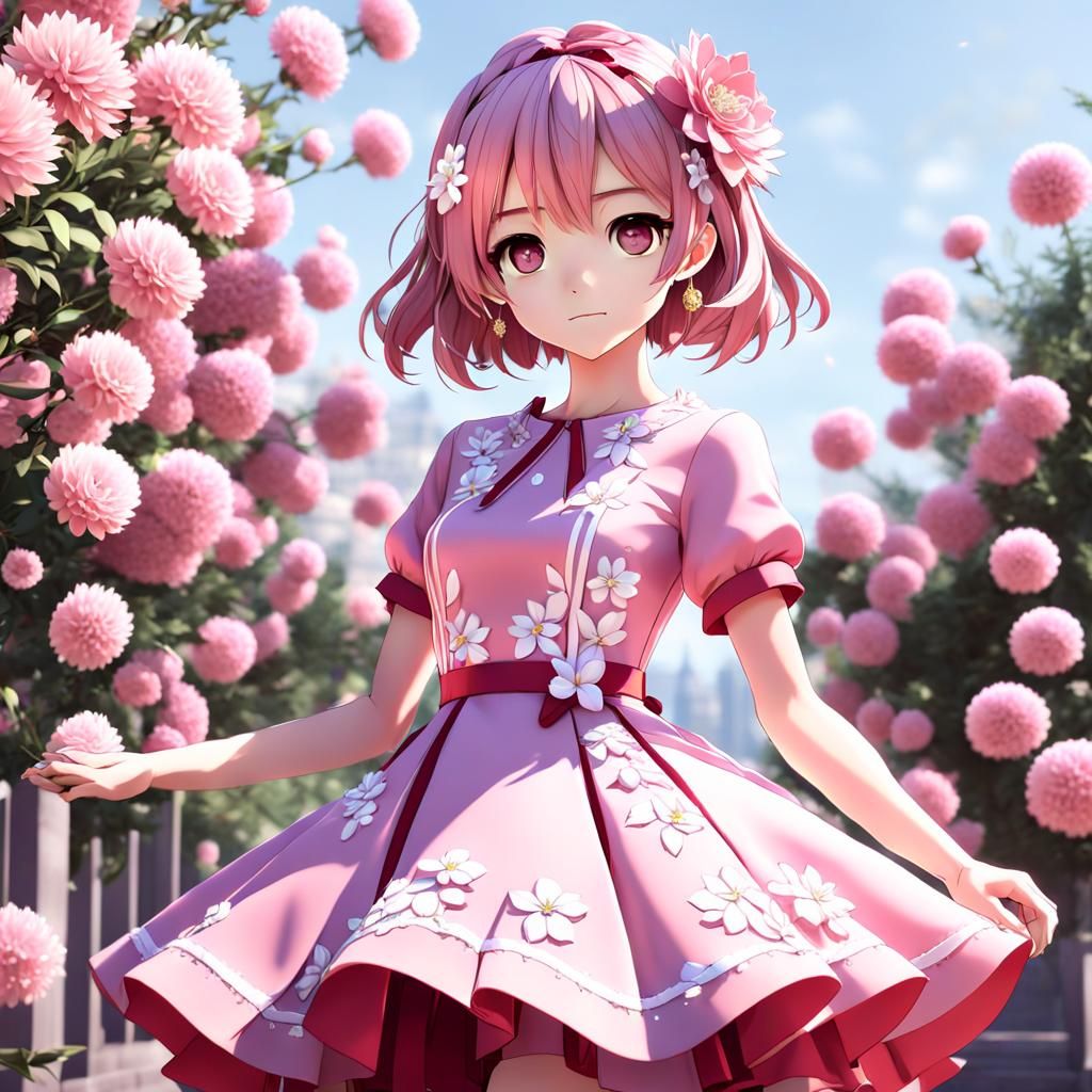 Anime Girl in Pink Floral Dress, 3D Render