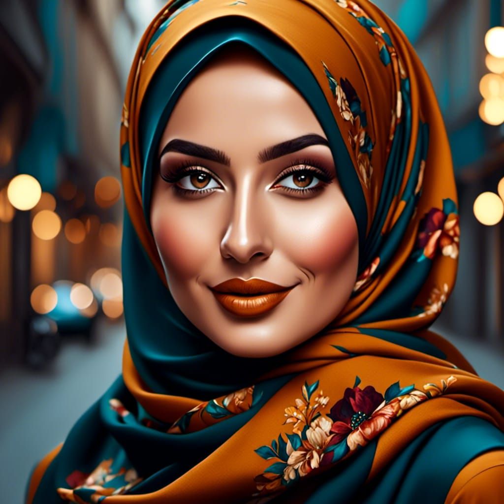 Playful Hijabi Woman in Cozy City Scene