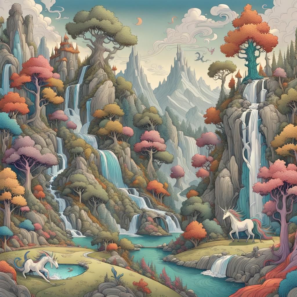 Whimsical Doodle Fantasy Landscape with Dragons and Unicorns