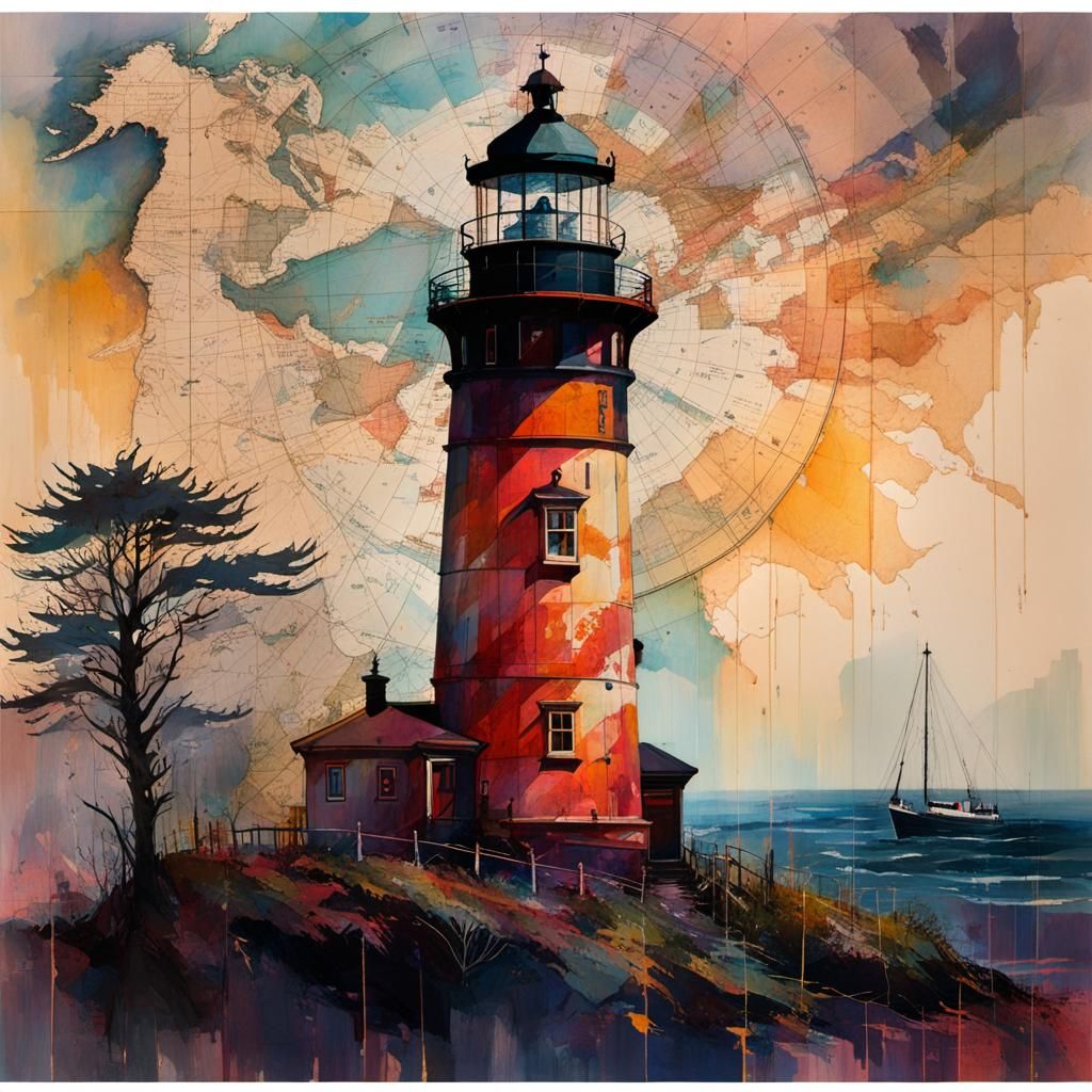 Lighthouse in Foggy Night Nautical Collage