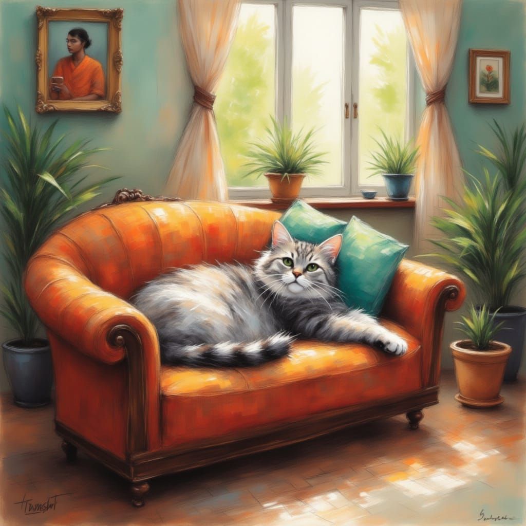 Cute Cat Napping on a Tiny Sofa