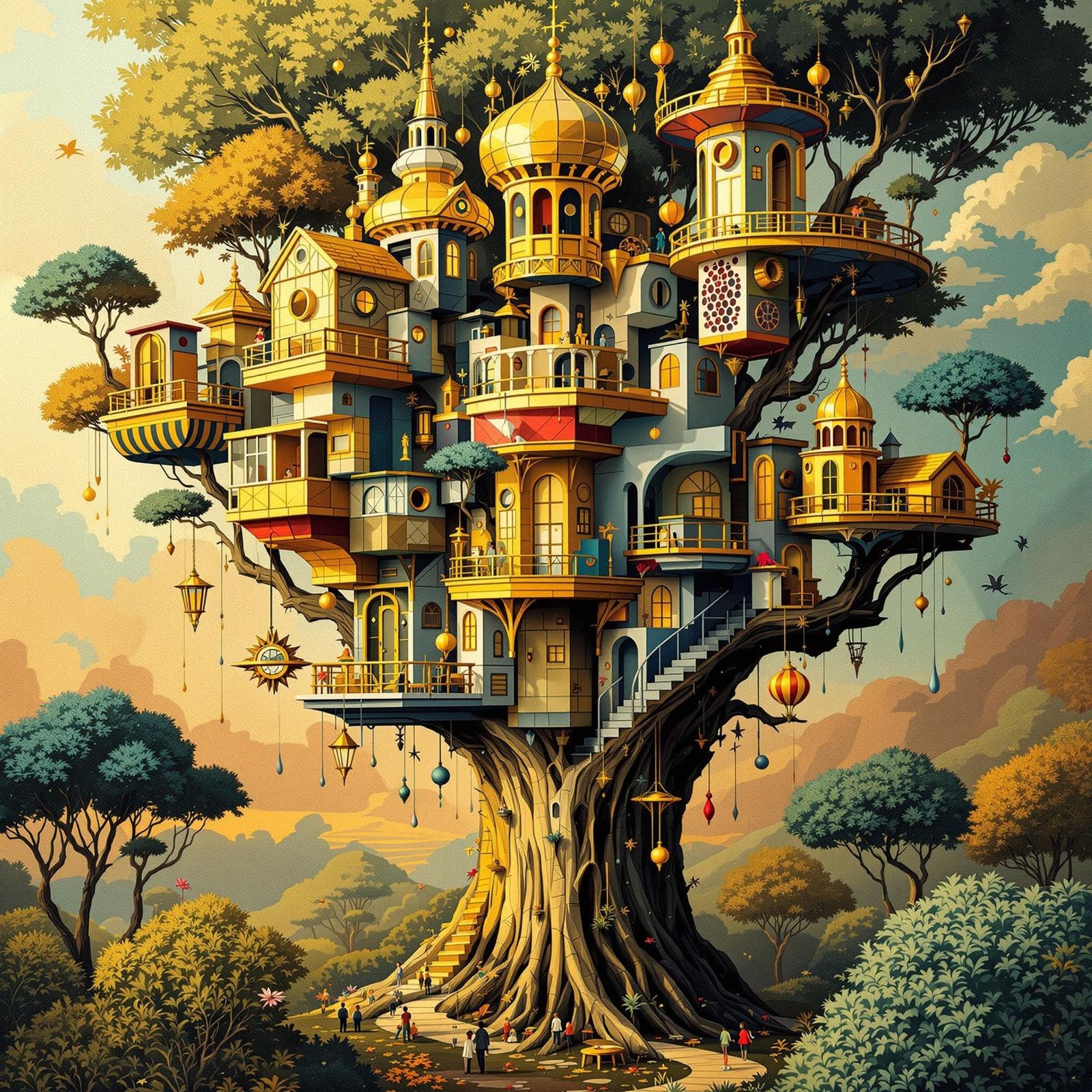 Vibrant Cubist Treehouse Village in Abstract Surrealist Styl...