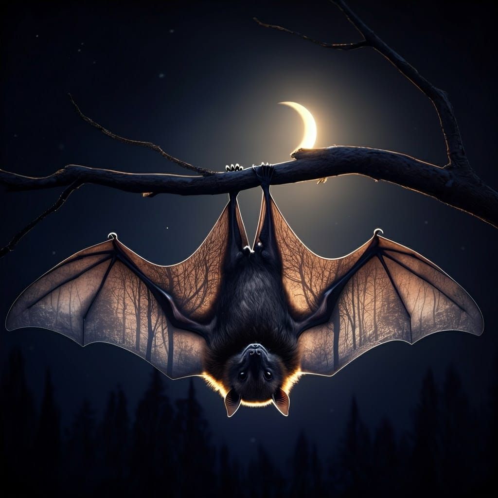 Majestic Bat Sings Under Crescent Moon
