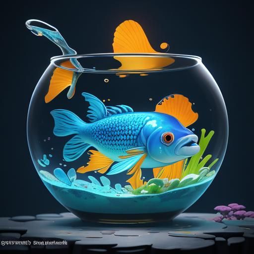 Scared Cartoon Fish in Bowl: Vibrant Digital Art