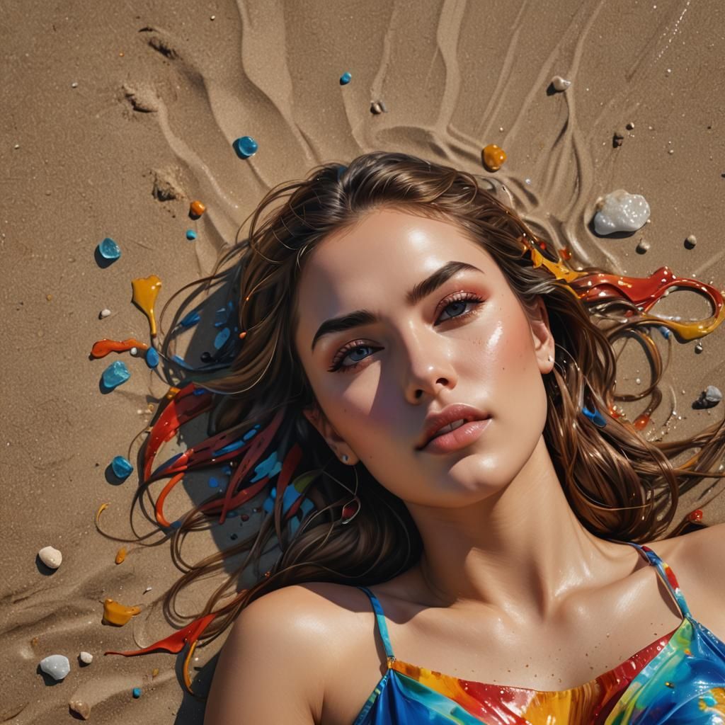 Hyperrealistic Girl on Beach in Splash Art Style
