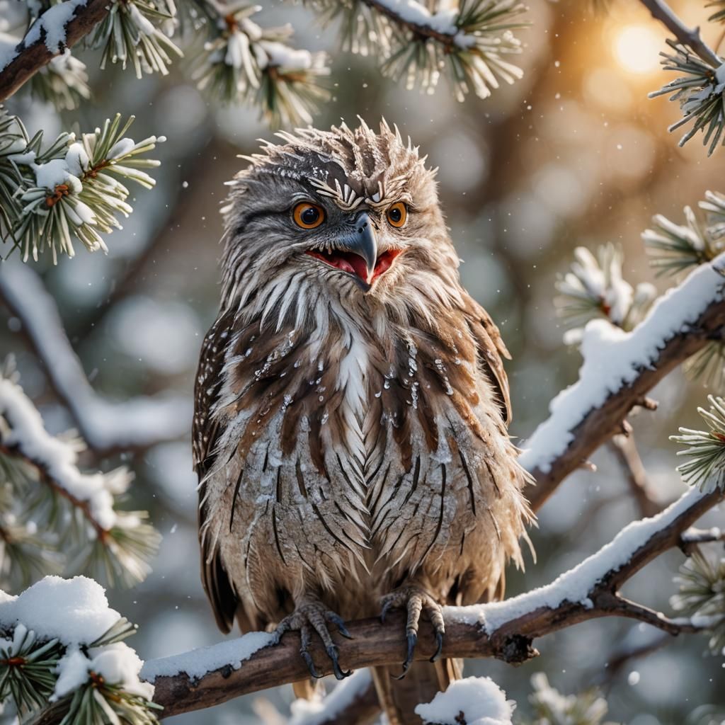 Tawny Frogmouth in Snowy Tree: Watercolor Wildlife
