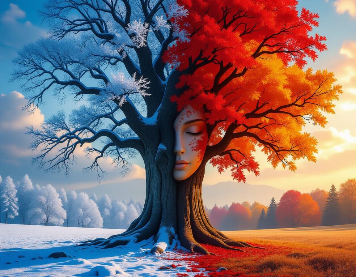 Ancient Tree with Winter and Autumn Leaves