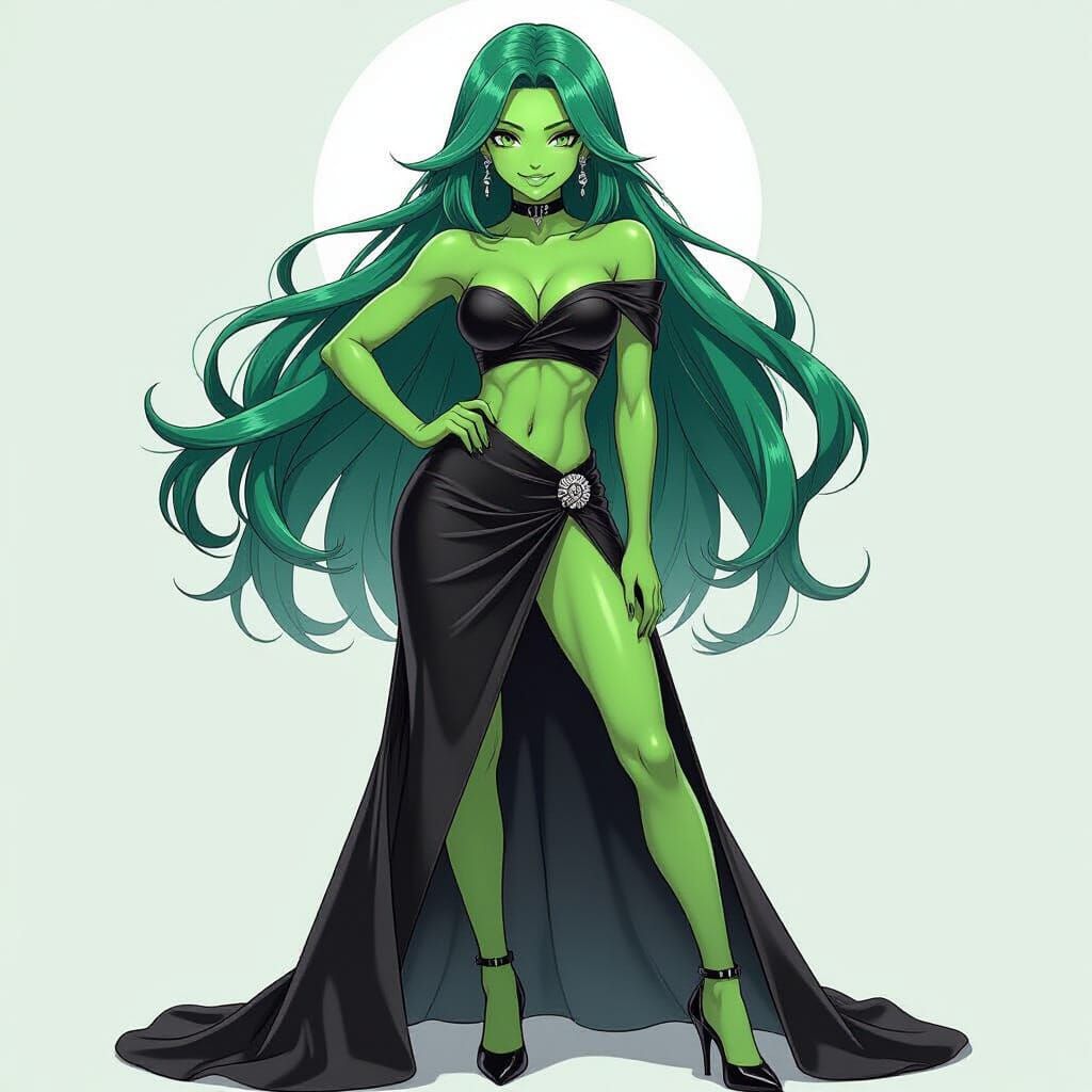 Green-Skinned Anime Girl in Black Dress