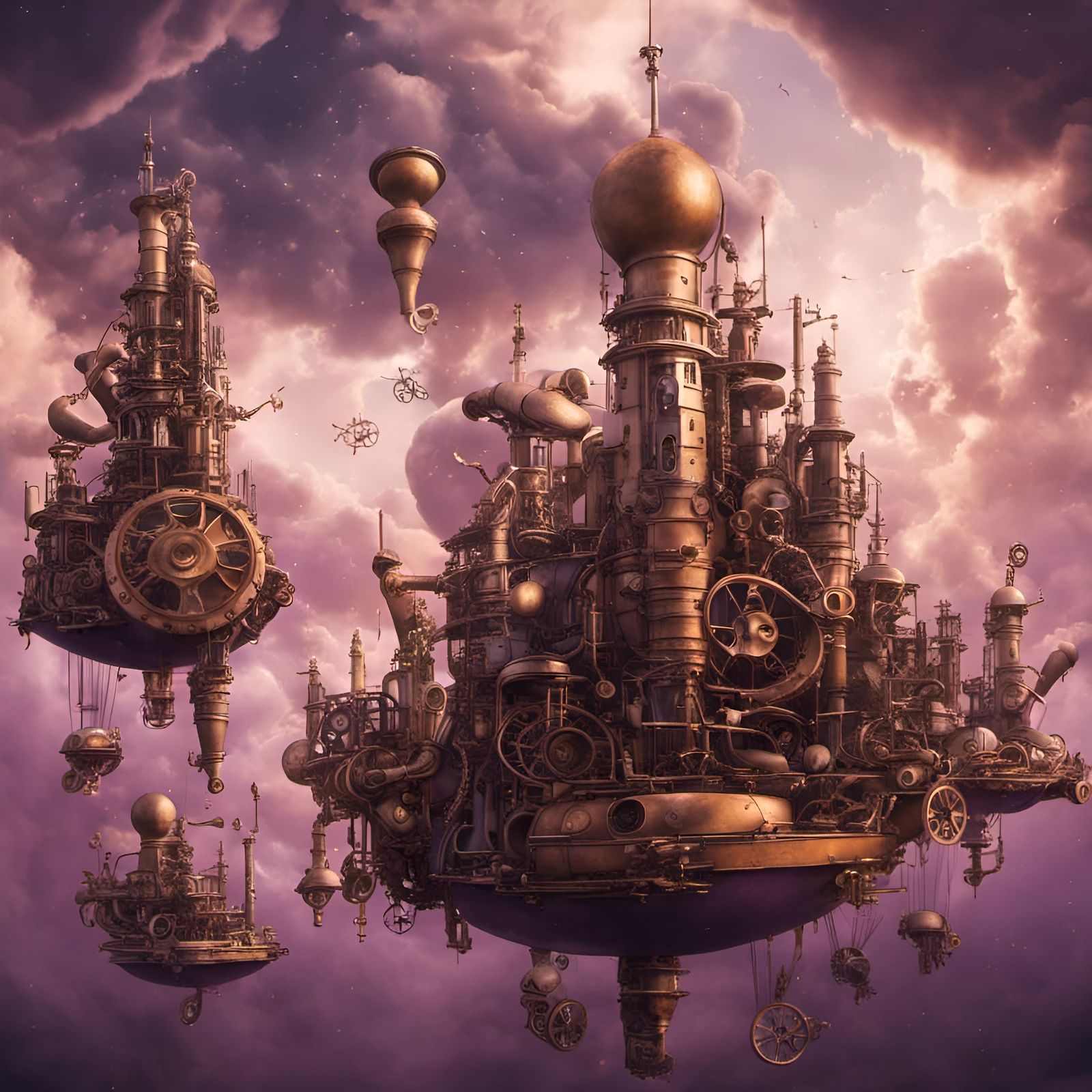 Steampunk Saxophone City Floating on Cloud