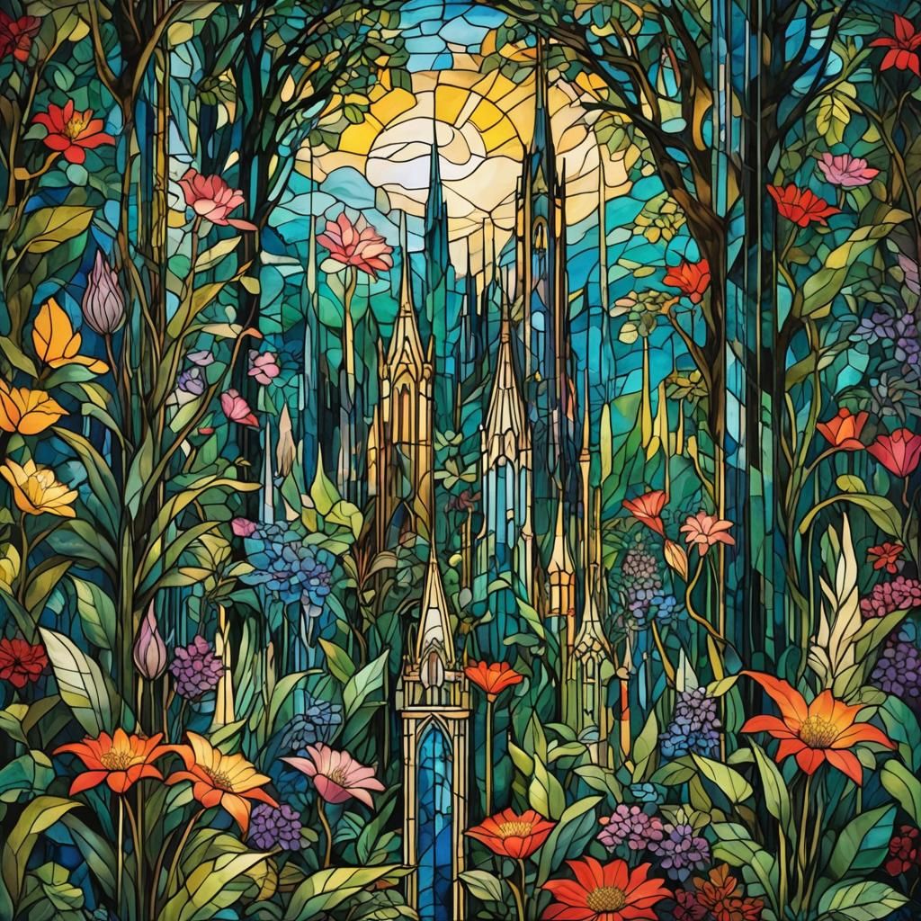 Lush Jungle with Crystal Spires in Stained Glass Style
