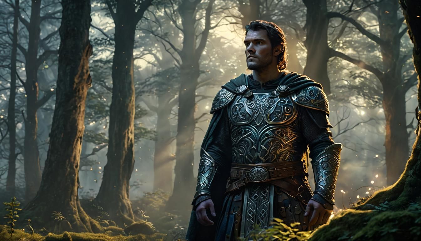 Celtic Warrior in Mystical Forest, Ethereal Fantasy