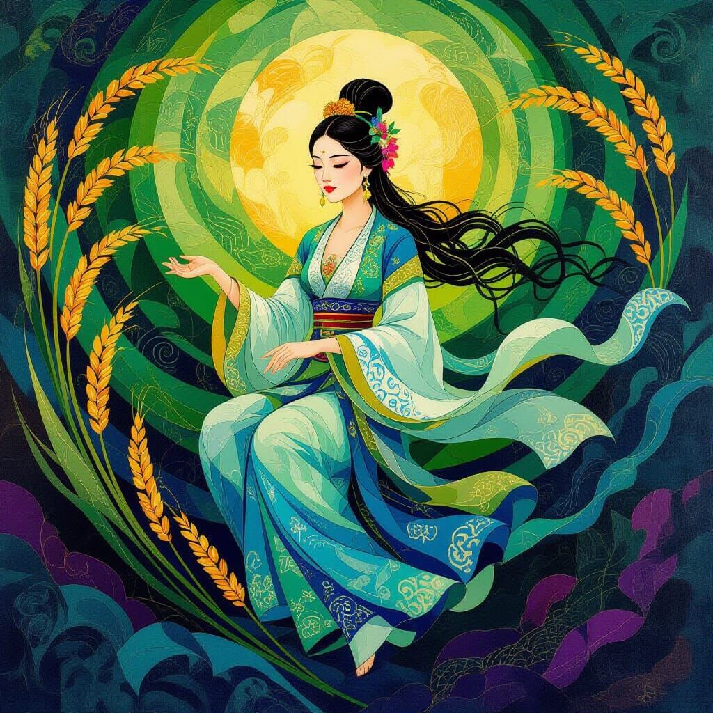 Vietnamese Rice Goddess in Abstract Silk Style