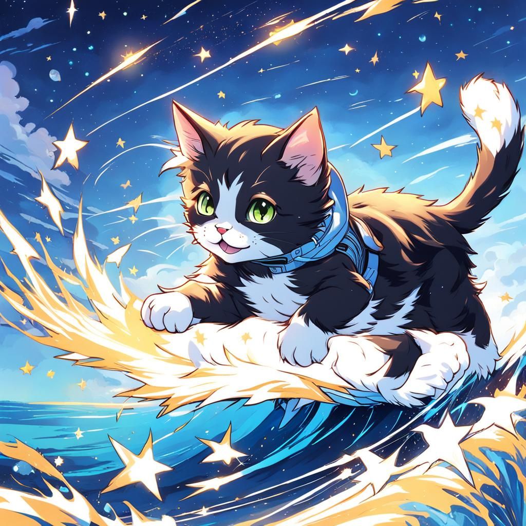 Happy Kitten Surfing on a Shooting Star in Anime Style