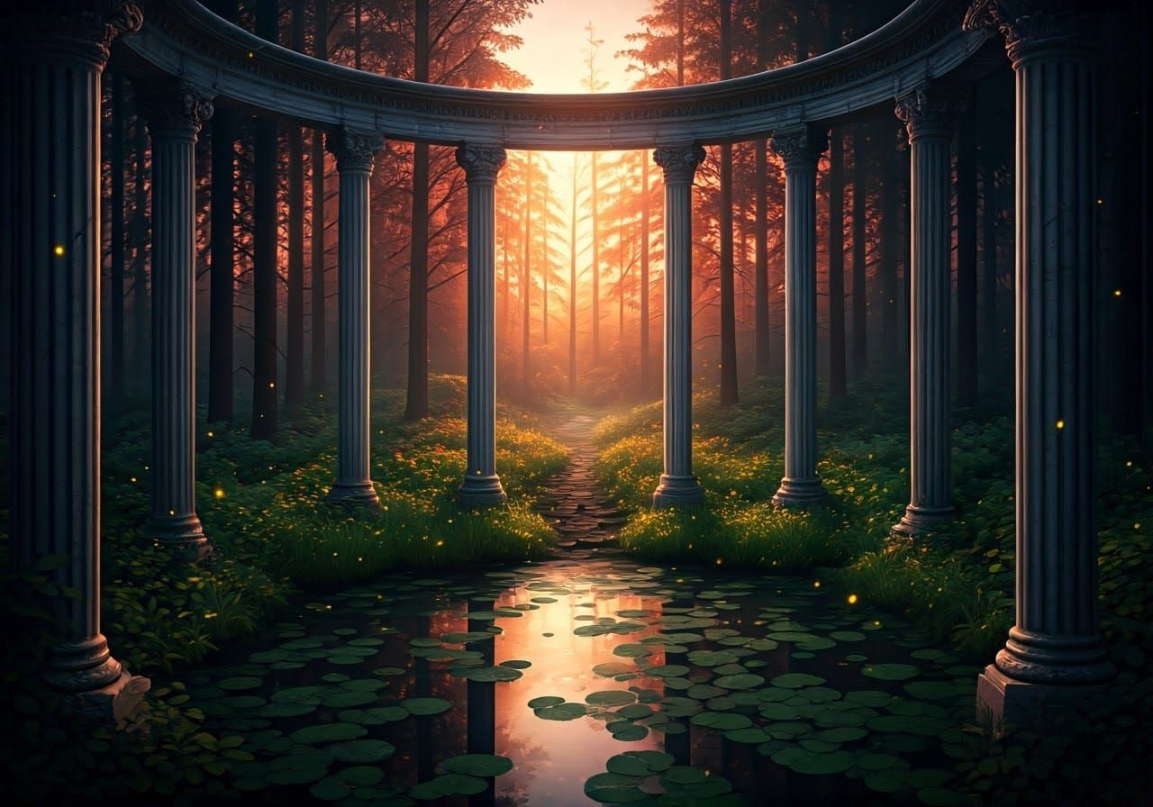 Ethereal Forest Glade in Vibrant Sunset Hues