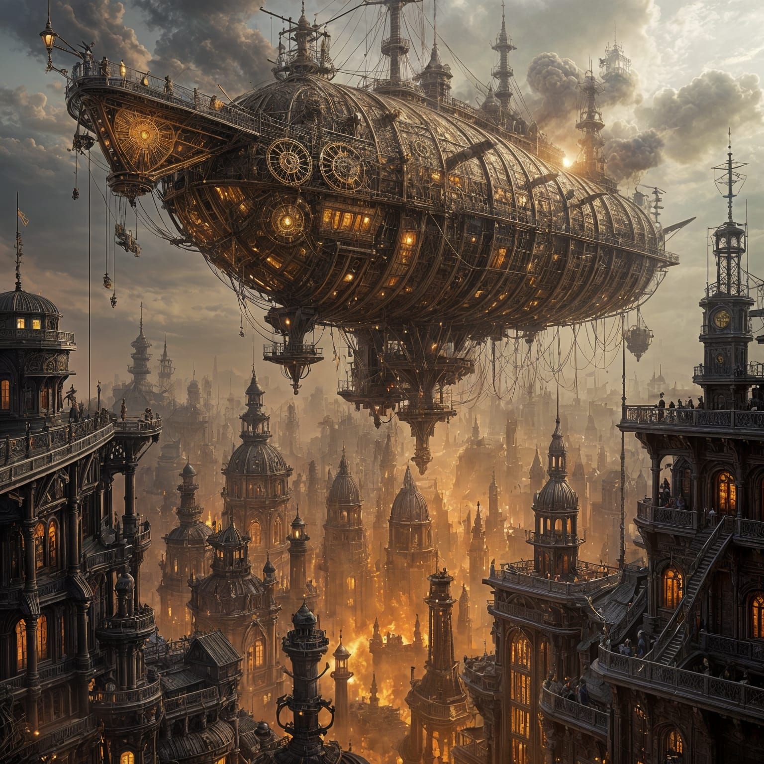 Steampunk Airship Descent in Art Nouveau Style