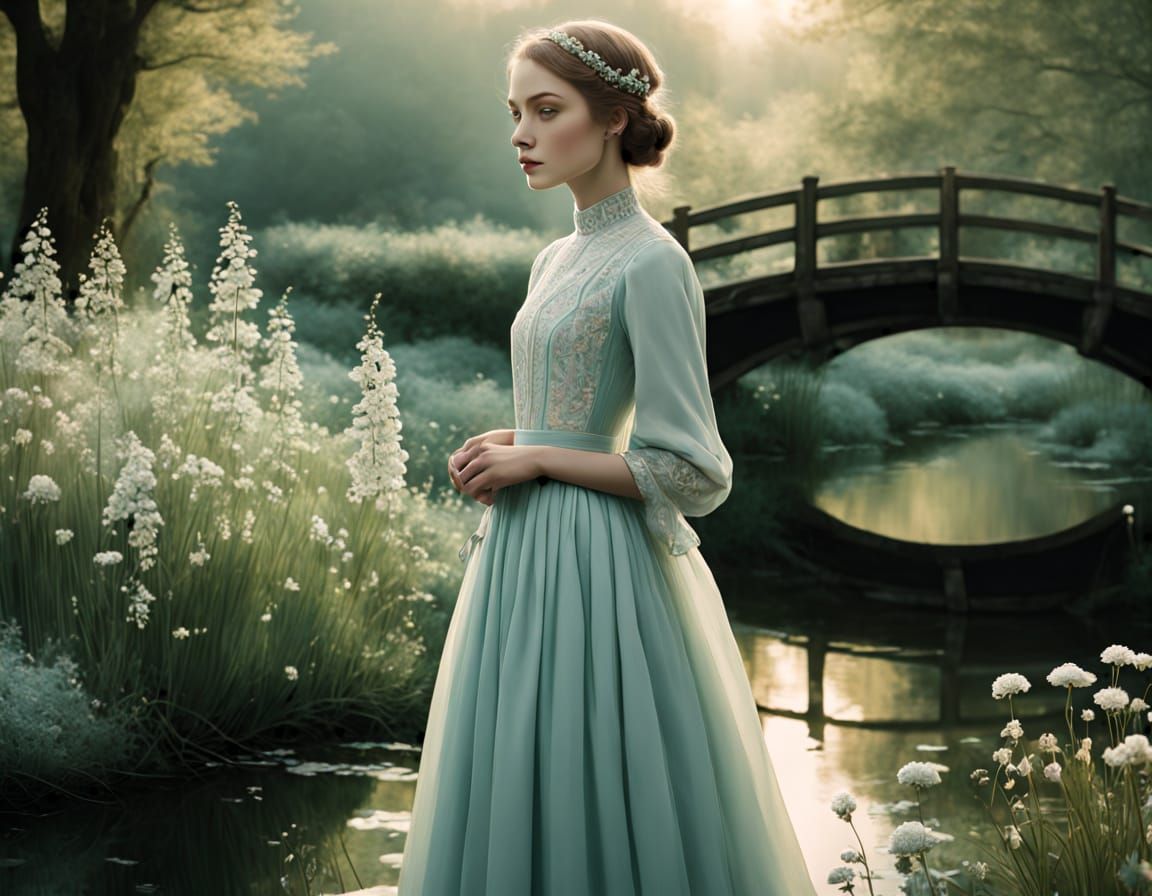 Whimsical Folk Art Landscape with Serene Woman and Wooden Br...