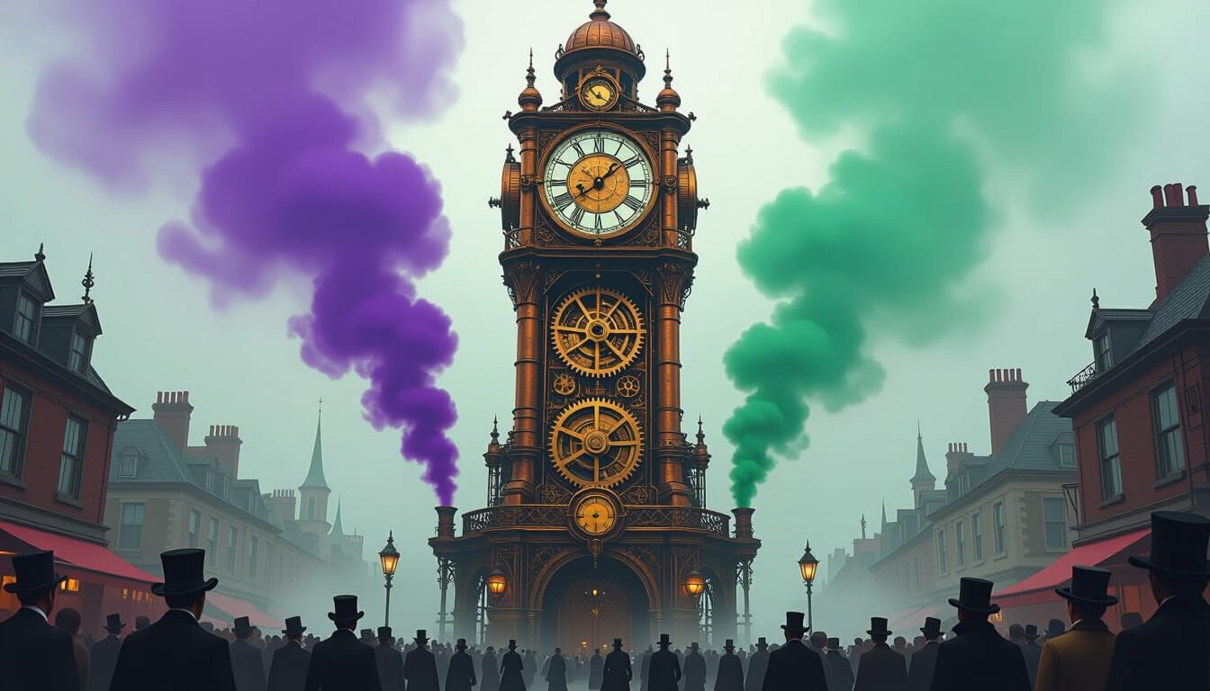 Steampunk Clock Tower Spewing Smoke in Syd Mead Style