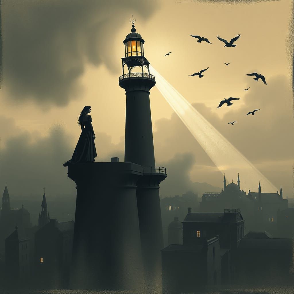 Gothic Lighthouse in Dystopian City, Chiaroscuro Style