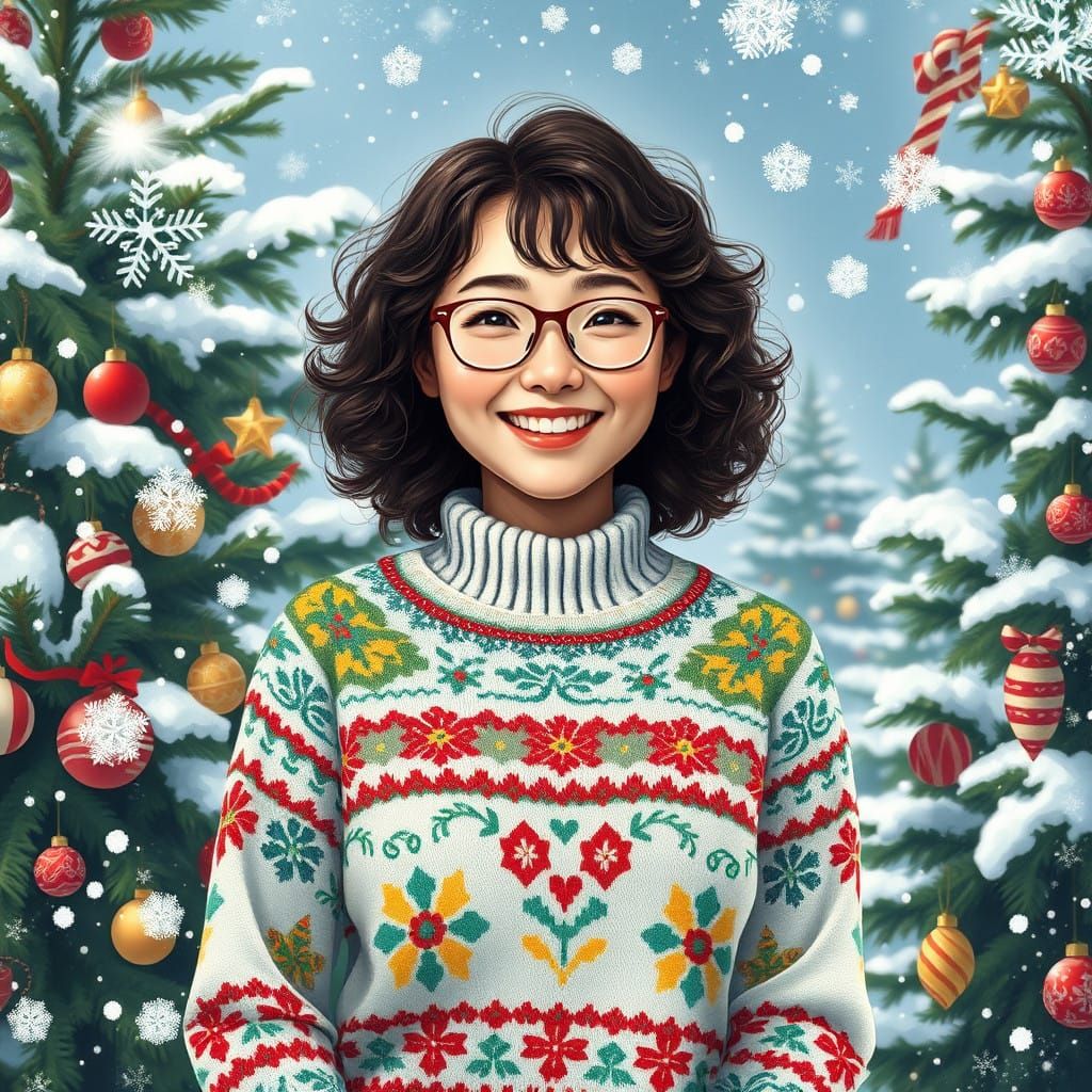 Cheerful Japanese Girl in Winter Wonderland