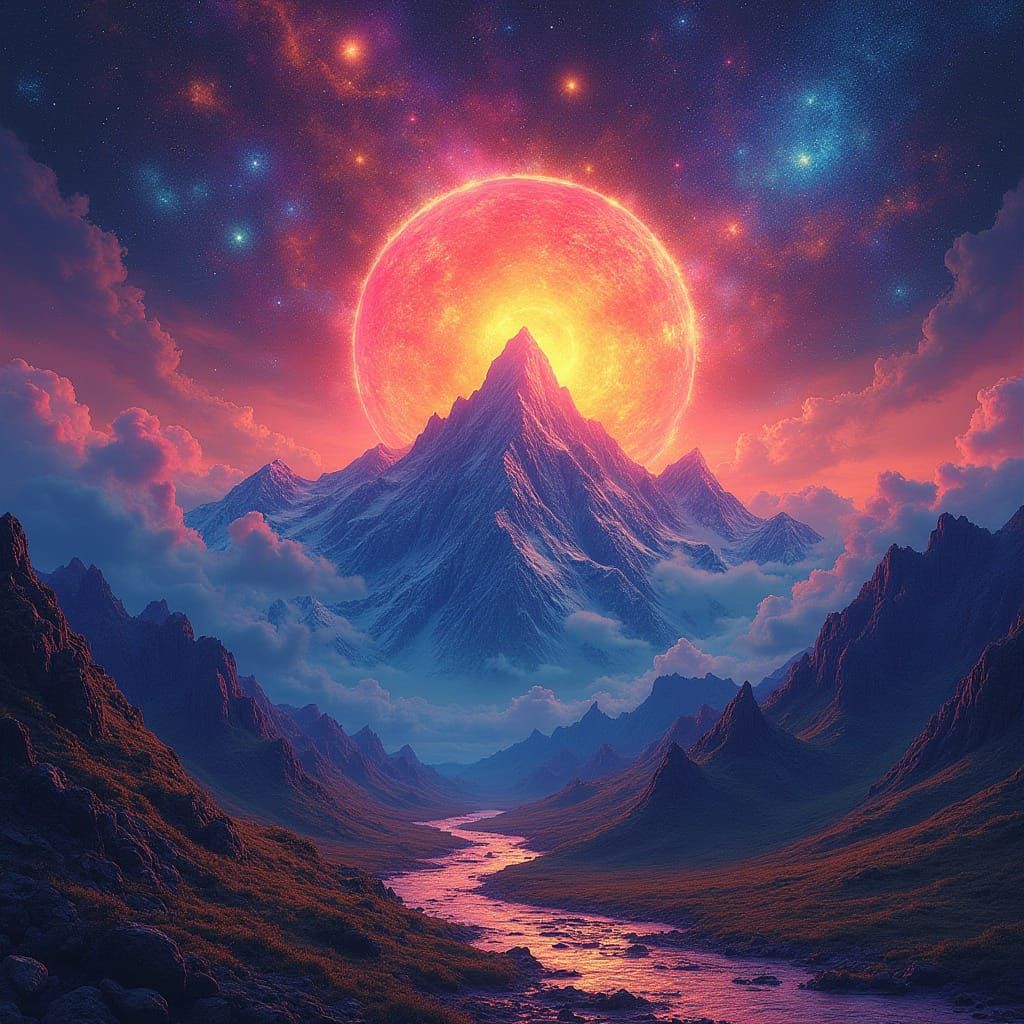 Cosmic Mountain Range at Sunset in Visionary Art Style